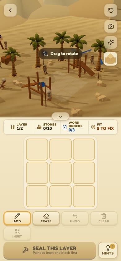 Monument League Layer editor showing the desert worksite and blue planning grid
